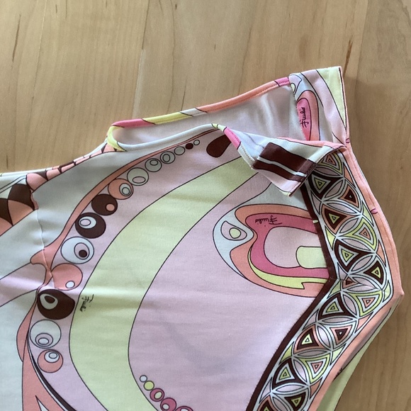 Emilio Pucci Firenze 100% silk jersey tunic top cap sleeves yellow pink abstract - Picture 4 of 11